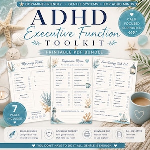 Peut inclure: Ensemble PDF imprimable ADHD Executive Function Toolkit. Comprend 7 pages avec des listes de contrôle pour la réinitialisation du matin, le menu dopamine et les tâches à faible énergie. Design apaisant sur le thème de la plage.