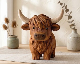 Figura decorativa de vaca de las Tierras Altas, escultura de vaca peluda tallada a mano, adorno rústico para estante, decoración de escritorio de granja y regalo de inauguración de casa.