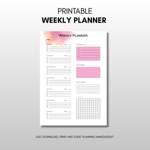 Pink Weekly Planner Printable PDF | Weekly Task List Template | Daily To Do Organizer | Instant Digital Download