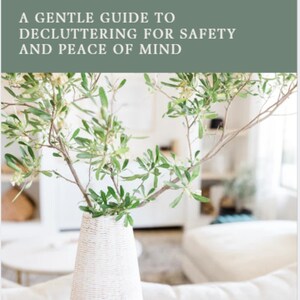 May include: A book cover with the title "A Safer, Calmer Home" and the subtitle "A Gentle Guide to Decluttering for Safety and Peace of Mind." A white vase with green branches is in the foreground.