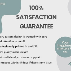 May include: A light gray and sage green graphic featuring the text 100% SATISFACTION GUARANTEE. It lists policies including custom design creation, USA printing, customer support, and a 15-day contact window. A circular badge reads Your happiness matters to us.