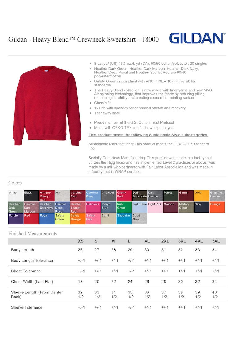 May include: A red crewneck sweatshirt with long sleeves and ribbed cuffs. The image includes a product information chart for the Gildan 18000 Heavy Blend collection, listing fabric specifications, a color palette, and a size chart with measurements in inches.