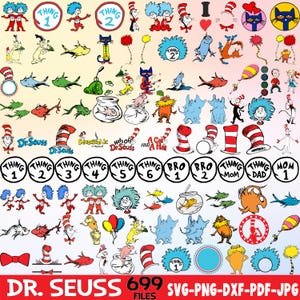 May include: A collection of Dr. Seuss-themed digital graphics, including characters, hats, and text elements. The designs feature vibrant colors and iconic imagery from the beloved children's books. The image includes the text "DR. SEUSS 699 FILES SVG-PNG-DXF-PDF-JPG".