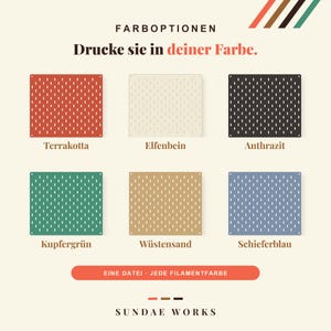 Eine Grafik mit sechs rechteckigen Lochplatten in Terrakotta, Elfenbein, Anthrazit, Kupfergrün, Wüstensand und Schieferblau. Der Text lautet: COLOUR OPTIONS, Print it in your colour., ONE FILE · ANY FILAMENT COLOUR, SUNDAE WORKS.
