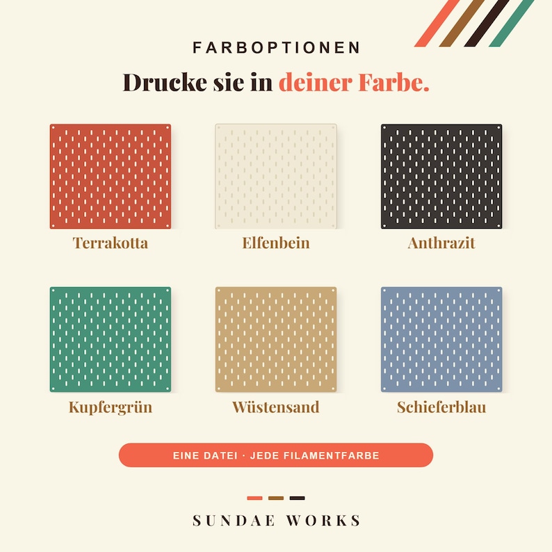 Eine Grafik mit sechs rechteckigen Lochplatten in Terrakotta, Elfenbein, Anthrazit, Kupfergrün, Wüstensand und Schieferblau. Der Text lautet: COLOUR OPTIONS, Print it in your colour., ONE FILE · ANY FILAMENT COLOUR, SUNDAE WORKS.