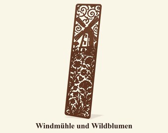 Bookmark STL with windmill and wildflowers | 3D print file, 36 x 150 x 1.2 mm