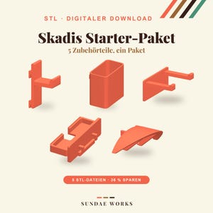 Könnte beinhalten: Ein digitaler Download-Satz mit fünf korallenfarbenen 3D-druckbaren Zubehörteilen für eine Lochwand, beschriftet als Skadis Starter-Paket, inklusive Haken, Behälter und Ablage, mit dem Text STL · DIGITALER DOWNLOAD und SUNDAE WORKS.