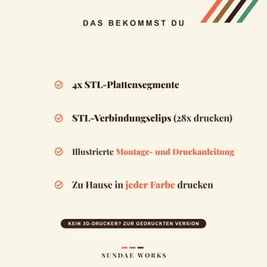 Was bekommst du? Vier STL Panel-Segmente, STL Connector Clips (drucke 28), Print Guide, Zuhause druckbar in jeder Farbe. Wenn du keinen 3D-Drucker hast, hol dir die bereits gedruckte Version im Shop!
