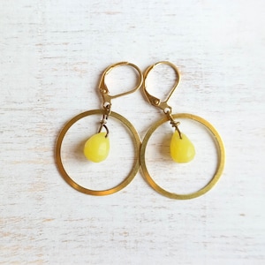 Gold Jade Earrings, Gold Hoop Earrings with Yellow Jade, Mother's Day Gift, Gift for Daughter