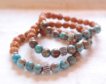 Mala Bracelet with Rudraksha Beads / Rudraksha & Cyan Brown Jasper Bracelet / Beaded Gemstone Bracelet / Beaded Rudraksha Bracelet