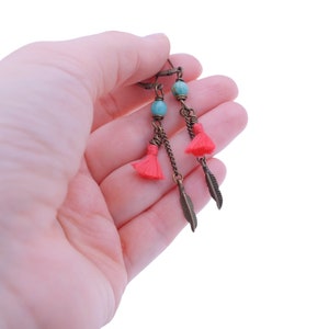 Red Tassel Earrings with Amazonite / Amazonite Earrings / Long Boho Tassel Earrings / Tassel Earrings with Gemstone image 1