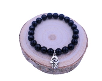 Onyx Protection Bracelet with Hand of Fatima / Hand of Fatima Bracelet with Onyx / Hamsa Bracelet with Gemstones