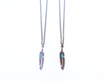 Boho Feather Charm Necklace with Turquoise Detail, Unisex Boho Necklace for Men and Women, Gift for Best Friend