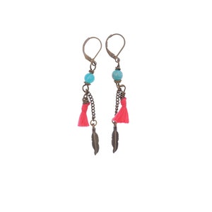 Antique Gold Chain Earrings with feather Charm, Amazonite and coral red tassel