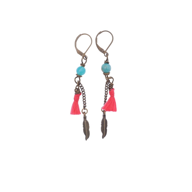 Antique Gold Chain Earrings with feather Charm, Amazonite and coral red tassel