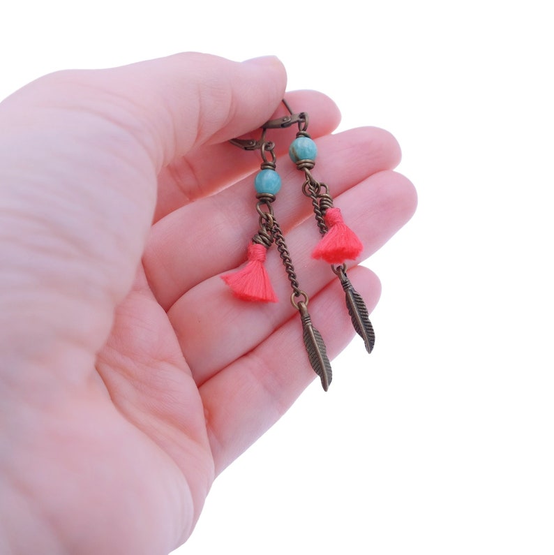 Red Tassel Earrings with Amazonite / Amazonite Earrings / Long Boho Tassel Earrings / Tassel Earrings with Gemstone image 1