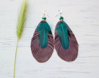 Purple Leather and Feather Earrings With Turquoise / Boho Leather Feather Earrings / Long Boho Leather Earrings