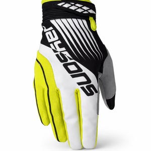May include: A single motocross glove, predominantly white with black and neon yellow accents. The glove features the brand name "aysons" in black lettering. Gray fabric is used on the side of the glove. The cuff is black with white stripes.