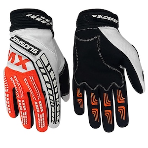 May include: A pair of motocross gloves, one white and orange, the other black and white. The white glove has the text "Jaysons MX" and the orange glove has a textured palm. The black glove has orange accents.