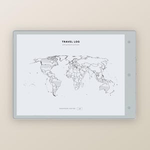 May include: A digital tablet displaying a world map with countries highlighted in gray. The text "TRAVEL LOG" is at the top, with Japanese characters below. The number "27" is in a box at the bottom, indicating countries visited.