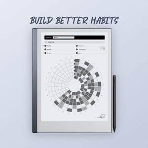 May include: A digital tablet displaying a habit tracker for the month of March, with a circular calendar design. The text "BUILD BETTER HABITS" is at the top. A black stylus rests beside the tablet. The tracker includes icons and a squirrel and snail graphic.