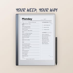 Op de afbeelding: Een digitale planner met een maandagschema met de tekst "Your Week, Your Way". De planner bevat secties voor taken, prioriteiten en notities. Een zwarte stylus ligt naast de planner.