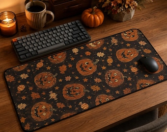 May include: A rectangular desk mat featuring a dark black background with a repeating pattern of orange jack-o'-lanterns, small stars, autumn leaves, and wrapped candies. The mat has a black stitched border and lies flat on a wooden surface.
