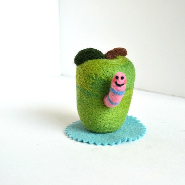 Needle Felted Green Apple with Happy Worm- Natural Toys