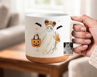 Custom Pet Photo Mug, Personalized Halloween Cat Coffee Cup, Funny Ghost Cat Drinkware, Gift For Pet Owners
