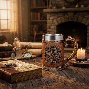 Peut inclure: Une chope en bois avec un bord en acier inoxydable et un motif d'arbre de vie. La poignée a l'apparence d'une branche. La chope est posée sur une table en bois avec une bougie, des livres et une boussole, créant un thème fantastique.