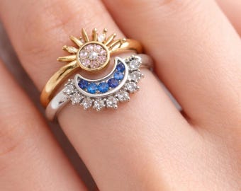 Sterling Silver Sun & Moon Ring Set – Celestial Promise Rings with Cubic Zirconia
