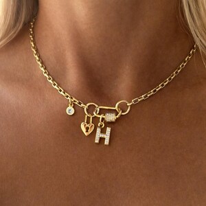 Gold Charm Necklace Toggle Clasp Heart Lock Initial Pendant Dainty Chain