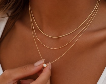 Zierliche Gold Layered Halskette Set Minimalist Doppelkette Runde Stein Halskette