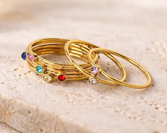 Birthstone Marquise Ring Thin Stackable Band, Custom Name Family Birthstone Jewelry, Personalized Gift Ring