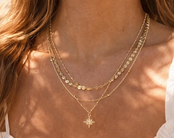 Conjunto de collar en capas, delicado collar de estrella del norte, collar dorado en capas, regalo para ella, collar de verano para mujer