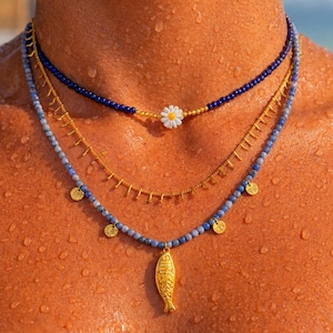 Può includere: Tre collane a strati. La collana superiore è un girocollo di perline blu scuro con un ciondolo a margherita bianca. La collana centrale è dorata con piccole punte. La collana inferiore è di perline blu con ciondolo a pesce dorato e ciondoli a moneta d'oro.
