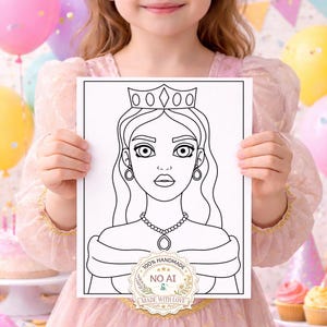 Può includere: Disegno a tratto in bianco e nero di una principessa con corona, orecchini e collana. L'immagine è su sfondo bianco e include il testo "100% Handmade NO AI Made with Love."