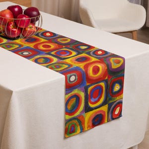 Camino de mesa con círculos pintados de Kandinsky, decoración de mesa estilo cottagecore, decoración de cocina bohemia, centro de mesa para comedor.