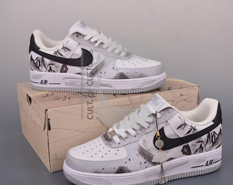 Air force one personnalisé peint à la main style anime japonais gris et blanc design pour les amateurs de streetwear