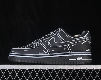 Air Force One nere personalizzate, sneakers in stile anime dipinte a mano, design bianco e nero per gli amanti dello streetwear, sneakers emo af1 y2k scarpe