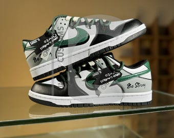 Custom Dunk laag zwart en groen handgeschilderd Be Strong-bericht met aangepaste extra touwveters voor liefhebbers van streetwear