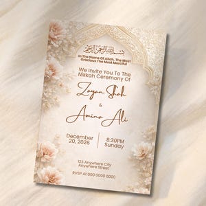 May include: A cream-colored wedding invitation with floral accents and gold script. The invitation includes the names Zayan Shah and Amina Ali, along with the date, time, and location of the ceremony. The text "In The Name Of Allah, The Most Gracious The Most Merciful" is at the top.