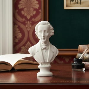 Può includere: Un busto bianco di Chopin, con il nome "CHOPIN" sulla base, è su una scrivania di legno. Un libro aperto, vecchi libri, un calamaio e una penna d'oca sono nelle vicinanze. Un'immagine incorniciata di un pianoforte è sullo sfondo.