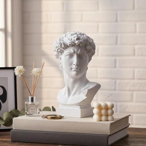 Könnte beinhalten: Weißer Büstenkopf einer klassischen Figur mit detaillierten Locken, auf einem weißen Sockel. Er steht auf Büchern, neben einer kleinen Kerze und einem Duftdiffusor mit getrockneten Blumen. Der Hintergrund ist eine weiße Backsteinmauer.