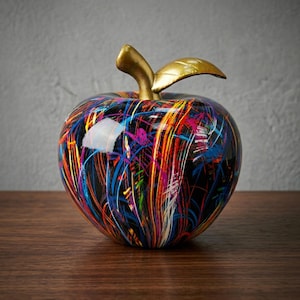 May include: A decorative apple sculpture with a black base, decorated with vibrant streaks of blue, red, yellow, and purple paint. The stem and leaf are gold-coloured. The apple sits on a wooden surface.