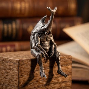 Peut inclure: Une sculpture métallique détaillée d'une créature ressemblant à un scarabée avec des traits humains, assise sur un bloc de bois. La sculpture a un aspect texturé et vieilli, avec la corne du scarabée levée. L'arrière-plan présente une pile de vieux livres.
