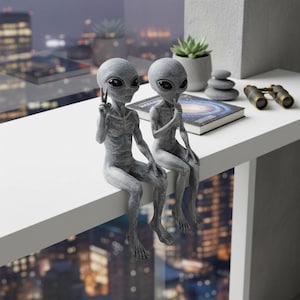 Gray Alien Figurines | Peace Sign & Shhh Decor | Resin Shelf Sitter Statues