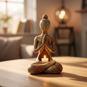 Può includere: Una scultura di figura seduta con una finitura screpolata multicolore nei toni del marrone, arancione e verde acqua. La figura è in posa meditativa con le mani giunte davanti al petto, con un centro cavo che ospita una candelina bianca.