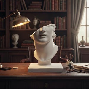 Peut inclure: Un buste en plâtre blanc d'une figure classique, sans le haut de la tête, est posé sur un socle rectangulaire blanc. Le buste est sur un bureau en bois dans une pièce avec une bibliothèque et une lampe de bureau.