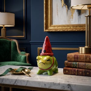 Peut inclure: Une figurine de grenouille verte fantaisiste avec une expression grincheuse, portant un chapeau rouge à pois noirs. La grenouille est posée sur une table en marbre, à côté d'une pile de livres et d'une lampe dorée.